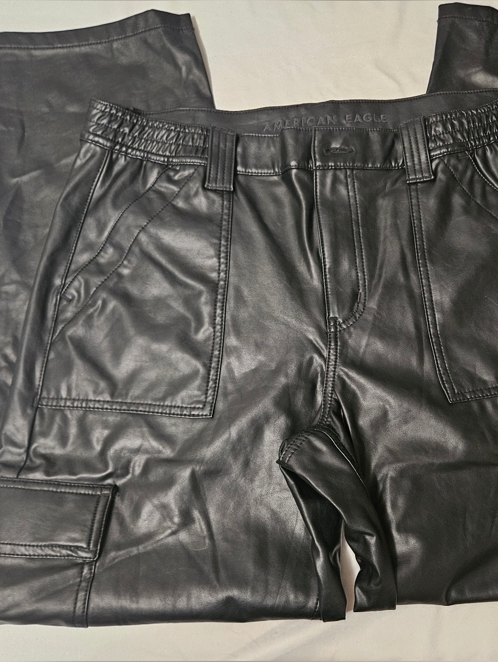 American Eagle PU Cargo Black Pants Biker Grunge GothCore Size 14! - Picture 2 of 8